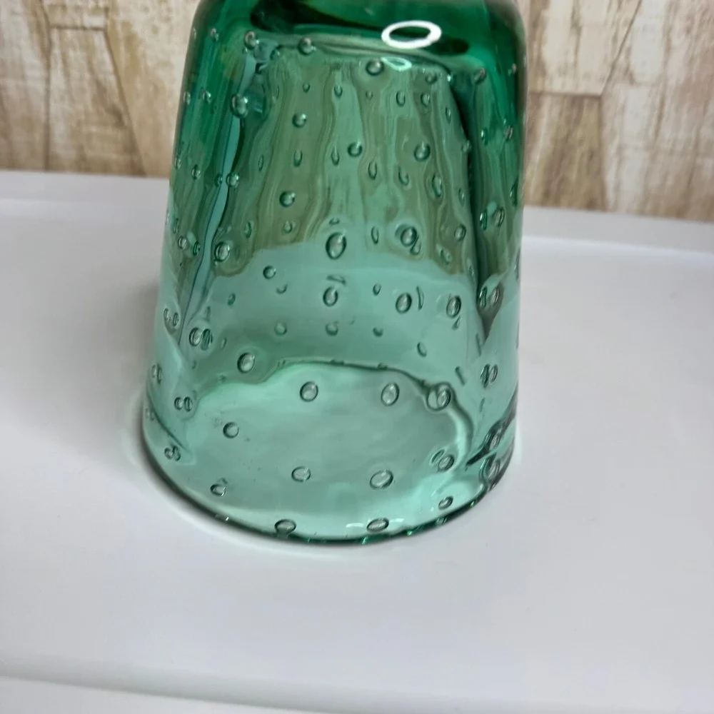 Vintage Green Hand Blown Bubble Glass Vase Heavy Bullicante Art Glass 6
